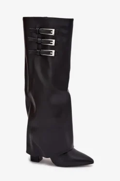 Boto Kozaki Ocieplane|Kozaki Na Słupku*Kozaki Damskie Na Słupku Wywinięta Cholewka Paski Z Klamrami Czarne Nirisa Czarny