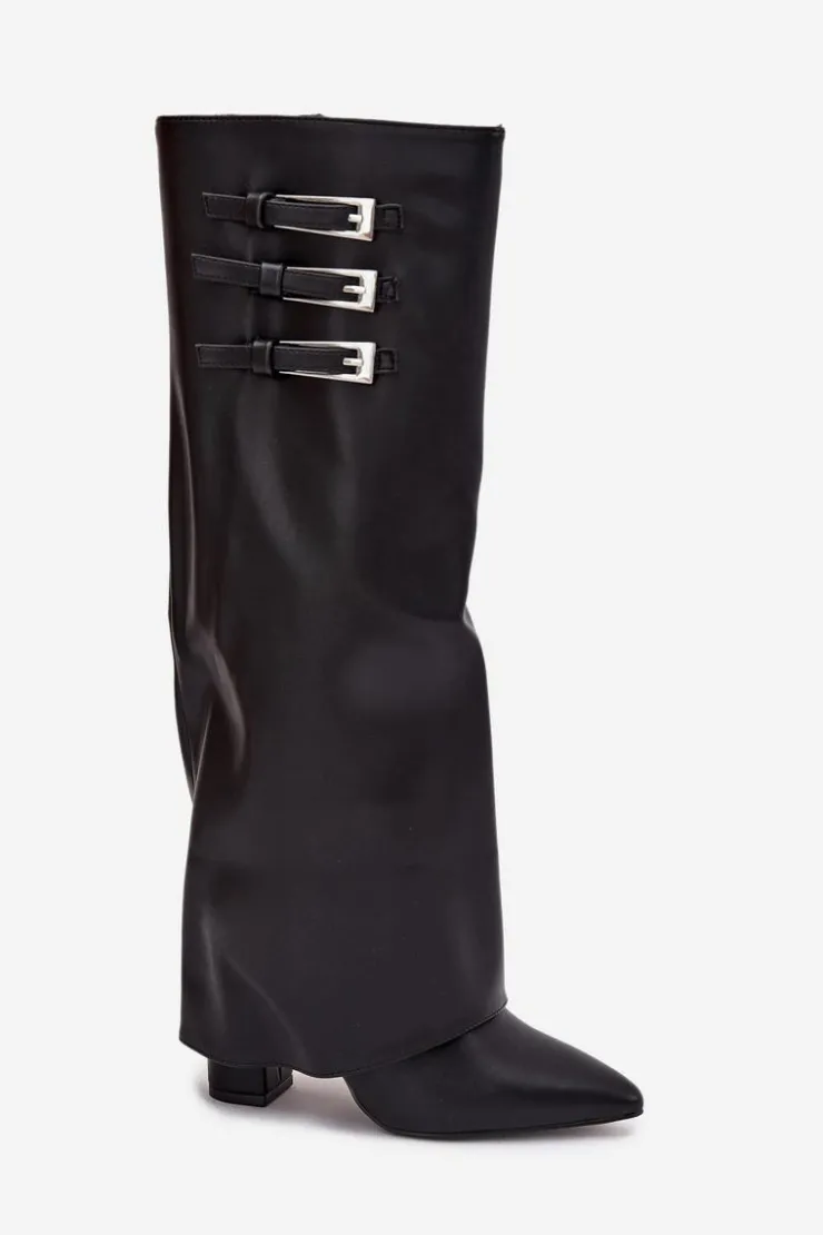 Boto Kozaki Ocieplane|Kozaki Na Słupku*Kozaki Damskie Na Słupku Wywinięta Cholewka Paski Z Klamrami Czarne Nirisa Czarny