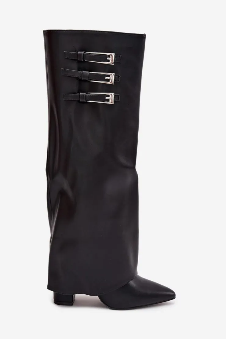 Boto Kozaki Ocieplane|Kozaki Na Słupku*Kozaki Damskie Na Słupku Wywinięta Cholewka Paski Z Klamrami Czarne Nirisa Czarny