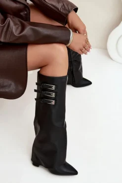 Boto Kozaki Ocieplane|Kozaki Na Słupku*Kozaki Damskie Na Słupku Wywinięta Cholewka Paski Z Klamrami Czarne Nirisa Czarny