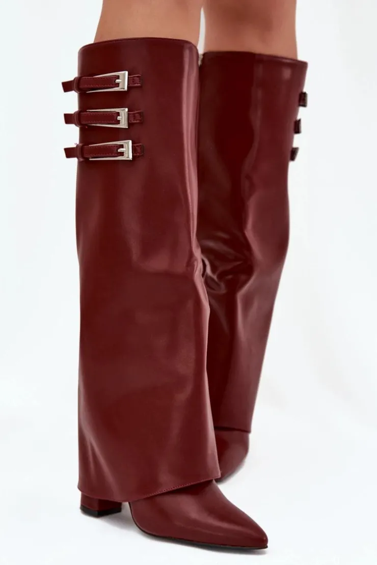 Hot Boto Kozaki Damskie Na Słupku Wywinięta Cholewka Paski Z Klamrami Bordowe Nirisa Czerwony