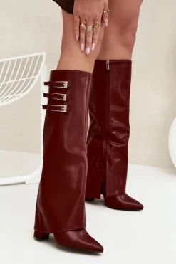 Hot Boto Kozaki Damskie Na Słupku Wywinięta Cholewka Paski Z Klamrami Bordowe Nirisa Czerwony