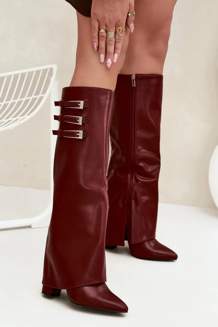 Hot Boto Kozaki Damskie Na Słupku Wywinięta Cholewka Paski Z Klamrami Bordowe Nirisa Czerwony