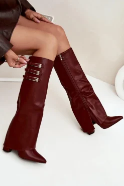 Hot Boto Kozaki Damskie Na Słupku Wywinięta Cholewka Paski Z Klamrami Bordowe Nirisa Czerwony