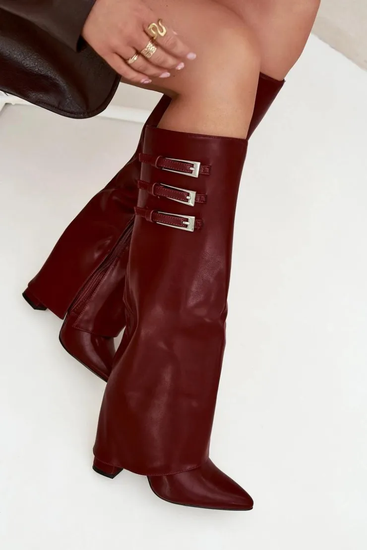 Hot Boto Kozaki Damskie Na Słupku Wywinięta Cholewka Paski Z Klamrami Bordowe Nirisa Czerwony