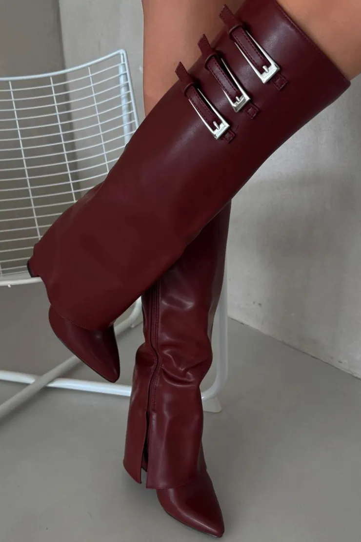 Hot Boto Kozaki Damskie Na Słupku Wywinięta Cholewka Paski Z Klamrami Bordowe Nirisa Czerwony