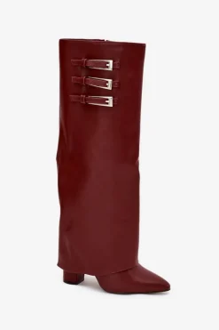 Hot Boto Kozaki Damskie Na Słupku Wywinięta Cholewka Paski Z Klamrami Bordowe Nirisa Czerwony