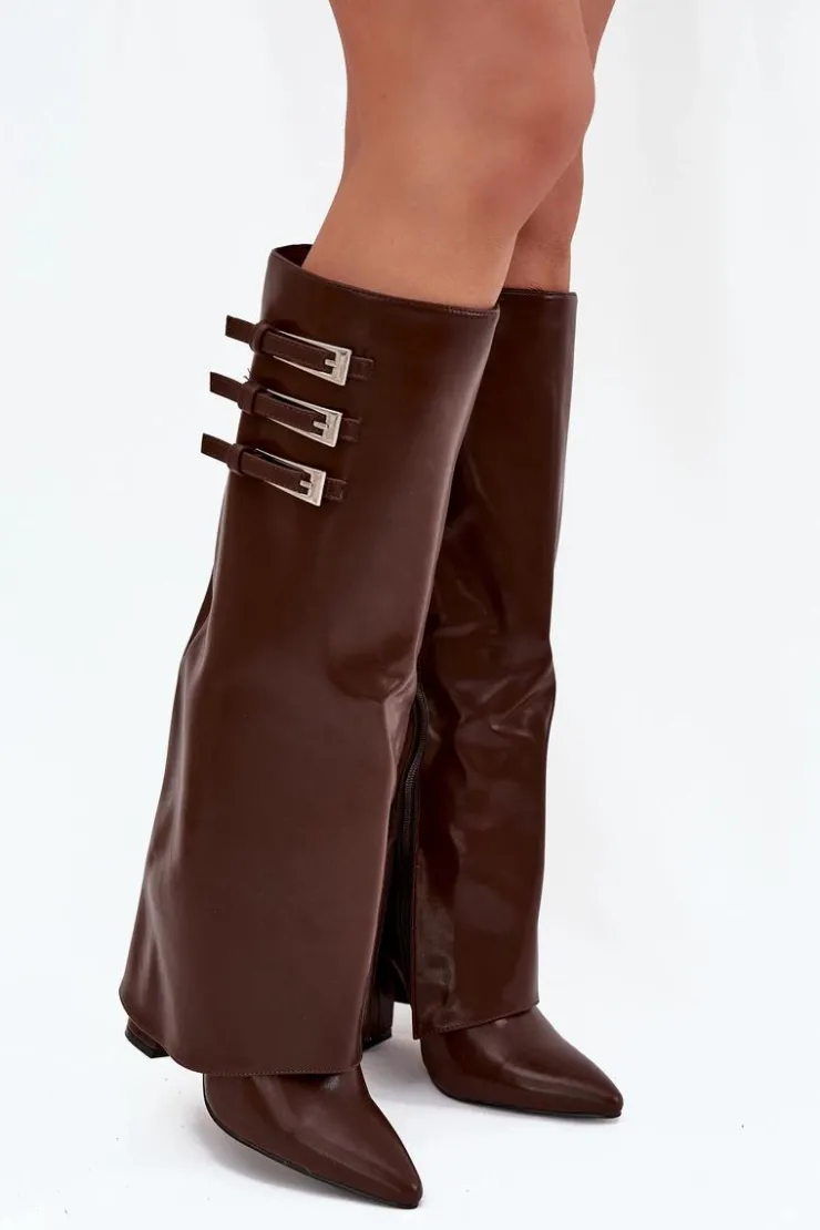 Boto Kozaki Ocieplane|Kozaki Na Słupku*Kozaki Damskie Na Słupku Wywinięta Cholewka Paski Z Klamrami Czekoladowe Nirisa Brązowy