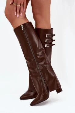 Boto Kozaki Ocieplane|Kozaki Na Słupku*Kozaki Damskie Na Słupku Wywinięta Cholewka Paski Z Klamrami Czekoladowe Nirisa Brązowy