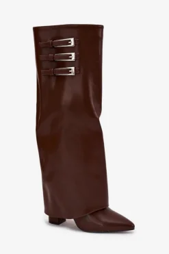 Boto Kozaki Ocieplane|Kozaki Na Słupku*Kozaki Damskie Na Słupku Wywinięta Cholewka Paski Z Klamrami Czekoladowe Nirisa Brązowy