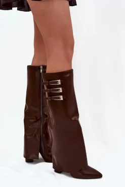 Boto Kozaki Ocieplane|Kozaki Na Słupku*Kozaki Damskie Na Słupku Wywinięta Cholewka Paski Z Klamrami Czekoladowe Nirisa Brązowy