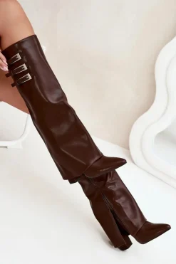 Boto Kozaki Ocieplane|Kozaki Na Słupku*Kozaki Damskie Na Słupku Wywinięta Cholewka Paski Z Klamrami Czekoladowe Nirisa Brązowy