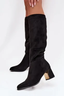 Damskie Boto Kozaki Damskie Na Słupku Ze Złotym Elementem Czarne Nivarae