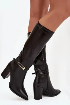 Boto Kozaki Na Słupku|Kozaki Przed Kolano*Kozaki Damskie Na Słupku Z Klamrą Ocieplane Czarne Cirella