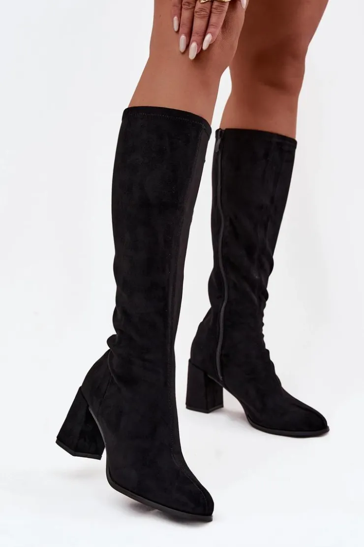 New Boto Kozaki Damskie Na Słupku Z Eko Zamszu Czarne Yelisse Czarny