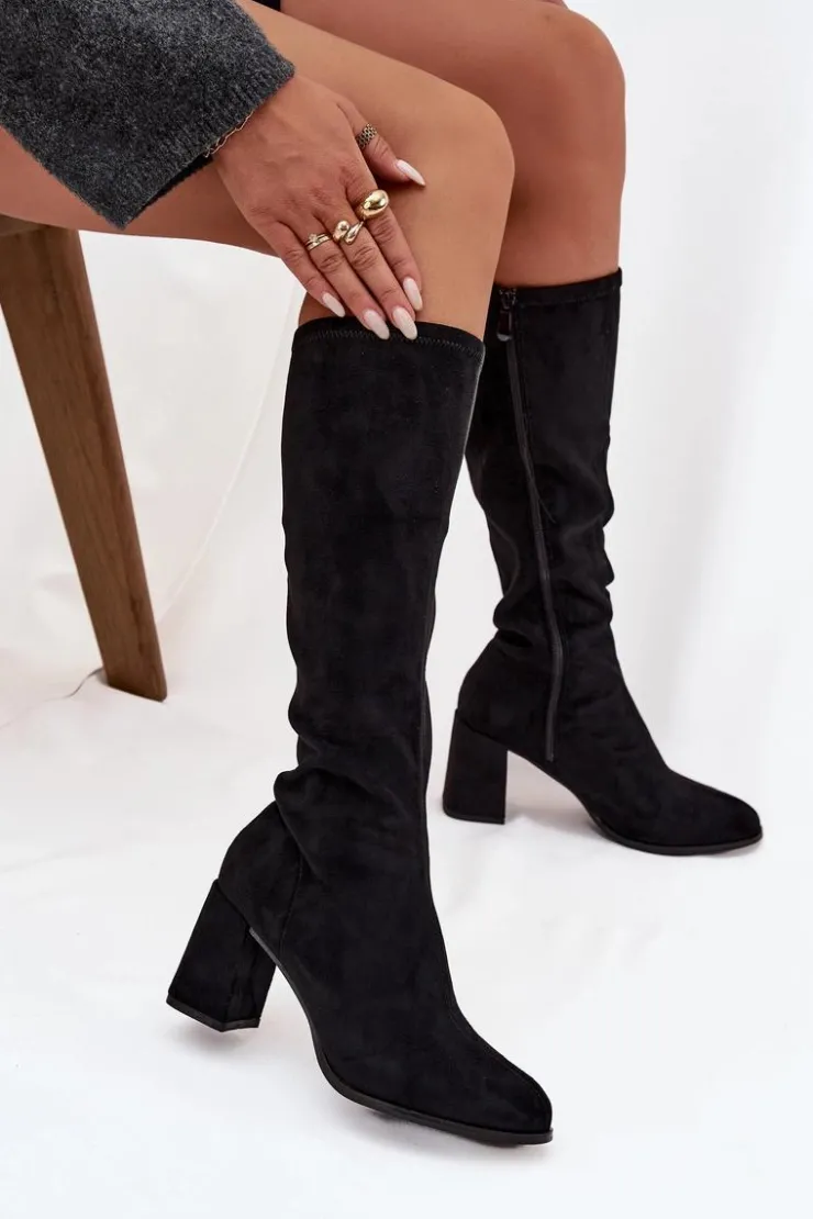 New Boto Kozaki Damskie Na Słupku Z Eko Zamszu Czarne Yelisse Czarny