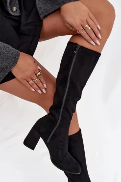 New Boto Kozaki Damskie Na Słupku Z Eko Zamszu Czarne Yelisse Czarny