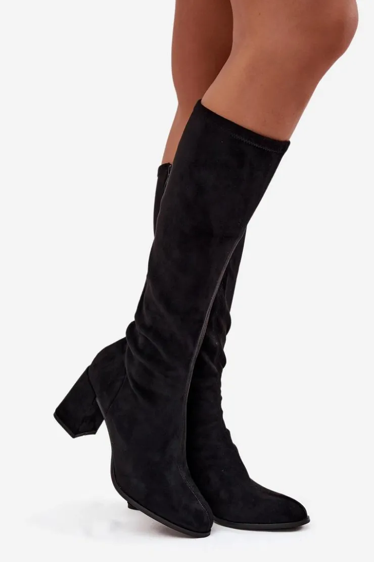 New Boto Kozaki Damskie Na Słupku Z Eko Zamszu Czarne Yelisse Czarny