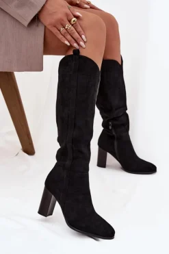 Damskie Boto Kozaki Damskie Na Słupku Z Eko Zamszu Czarne Prisca