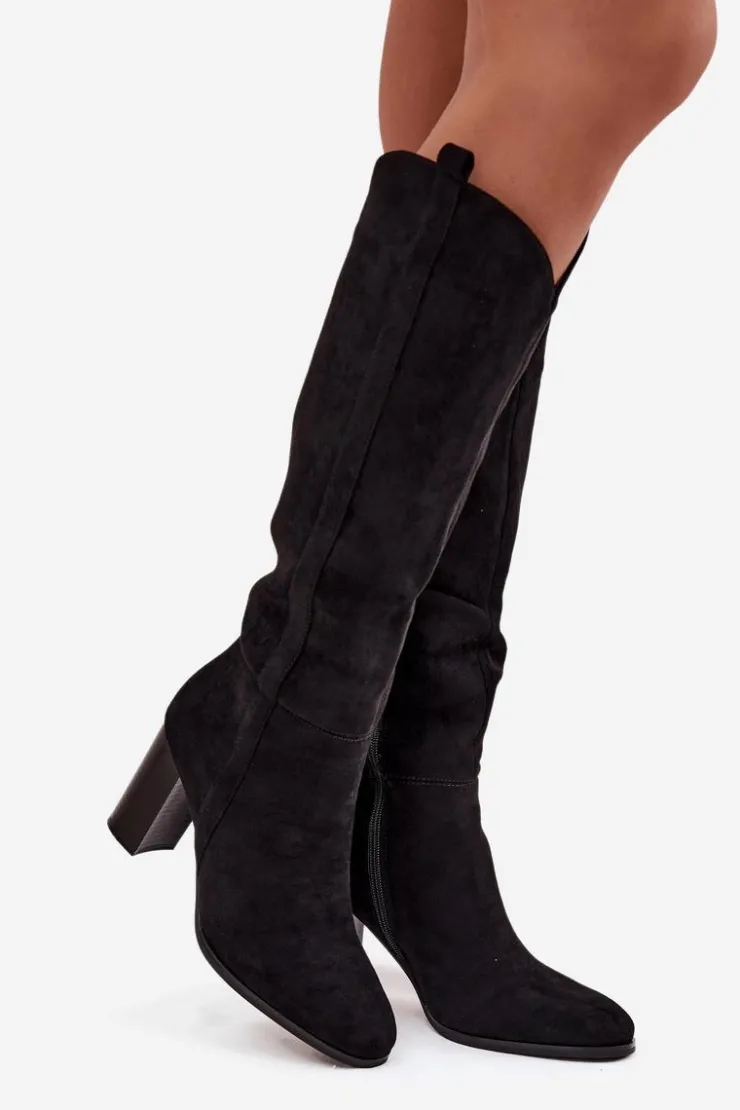 Damskie Boto Kozaki Damskie Na Słupku Z Eko Zamszu Czarne Prisca