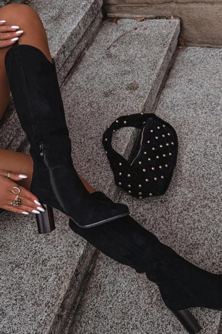 Damskie Boto Kozaki Damskie Na Słupku Z Eko Zamszu Czarne Prisca