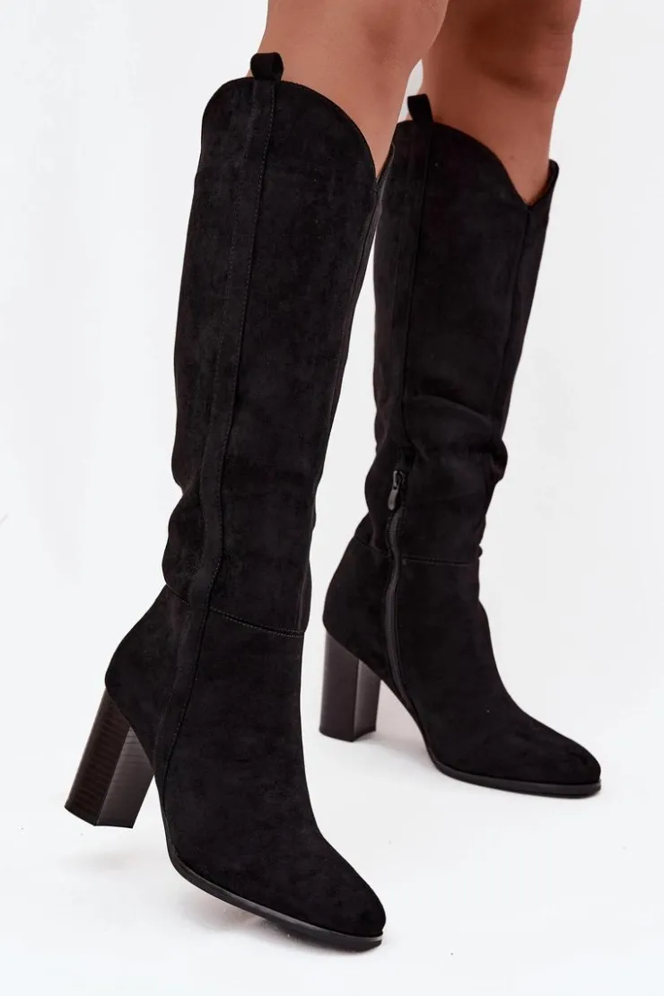 Damskie Boto Kozaki Damskie Na Słupku Z Eko Zamszu Czarne Prisca