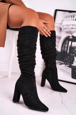 Damskie Boto Kozaki Damskie Na Słupku Zamszowe Czarne Cromes