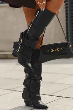 Boto Kozaki Ocieplane|Kozaki Na Słupku*Kozaki Damskie Na Słupku Z Wywiniętą Cholewką I Złotymi Klamrami Czarne Isavelle Czarny