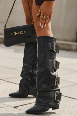 Boto Kozaki Ocieplane|Kozaki Na Słupku*Kozaki Damskie Na Słupku Z Wywiniętą Cholewką I Złotymi Klamrami Czarne Isavelle Czarny