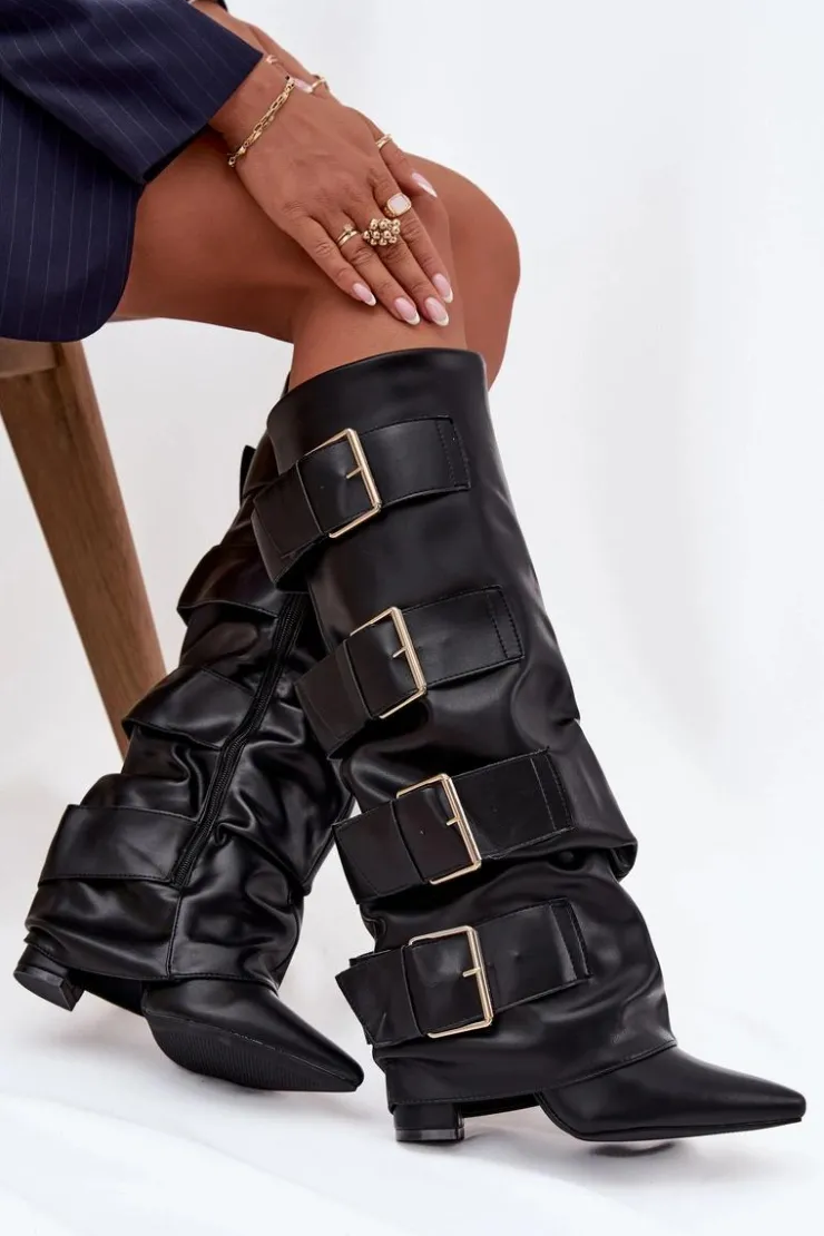 Boto Kozaki Ocieplane|Kozaki Na Słupku*Kozaki Damskie Na Słupku Z Wywiniętą Cholewką I Złotymi Klamrami Czarne Isavelle Czarny