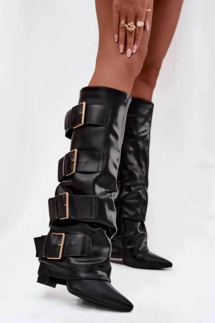 Boto Kozaki Ocieplane|Kozaki Na Słupku*Kozaki Damskie Na Słupku Z Wywiniętą Cholewką I Złotymi Klamrami Czarne Isavelle Czarny