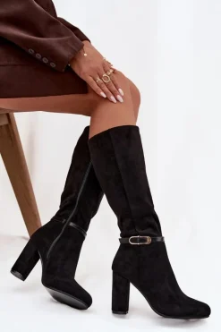 Damskie Boto Kozaki Damskie Na Słupku Ze Złotą Klamrą Ocieplane Czarne Seraphine