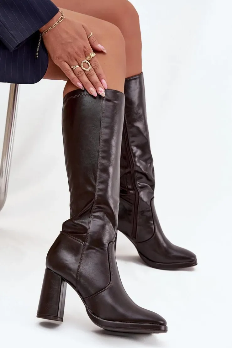 Damskie Boto Kozaki Damskie Na Słupku Z Eko Skóry Ocieplane Bordowe Lyvella