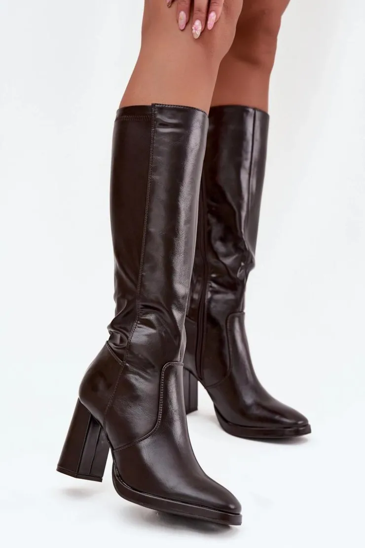 Damskie Boto Kozaki Damskie Na Słupku Z Eko Skóry Ocieplane Bordowe Lyvella