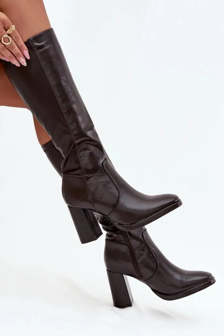 Damskie Boto Kozaki Damskie Na Słupku Z Eko Skóry Ocieplane Bordowe Lyvella