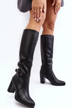 Damskie Buty Sergio Leone Kozaki Damskie Na Słupku Z Klamrą Ocieplane Czarne Sendilia