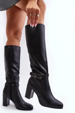 Damskie Buty Sergio Leone Kozaki Damskie Na Słupku Z Klamrą Ocieplane Czarne Sendilia