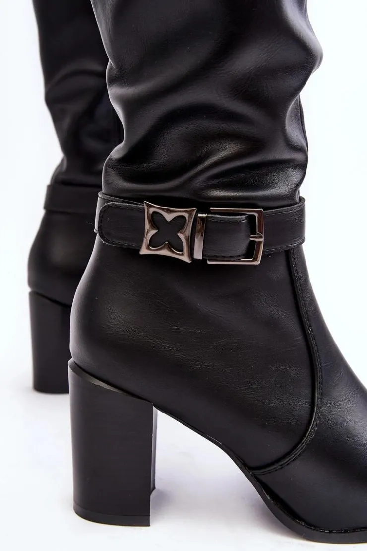 Damskie Buty Sergio Leone Kozaki Damskie Na Słupku Z Klamrą Ocieplane Czarne Sendilia