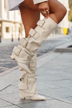 Clearance Boto Kozaki Damskie Na Słupku Z Wywiniętą Cholewką I Złotymi Klamrami Jasnobeżowe Isavelle Beżowy