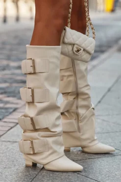 Clearance Boto Kozaki Damskie Na Słupku Z Wywiniętą Cholewką I Złotymi Klamrami Jasnobeżowe Isavelle Beżowy