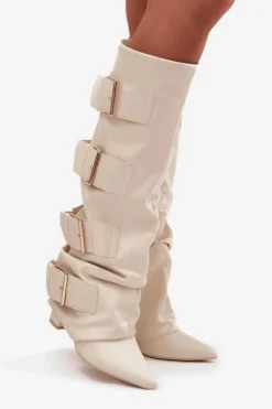 Clearance Boto Kozaki Damskie Na Słupku Z Wywiniętą Cholewką I Złotymi Klamrami Jasnobeżowe Isavelle Beżowy