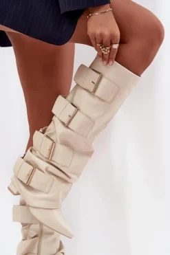 Clearance Boto Kozaki Damskie Na Słupku Z Wywiniętą Cholewką I Złotymi Klamrami Jasnobeżowe Isavelle Beżowy