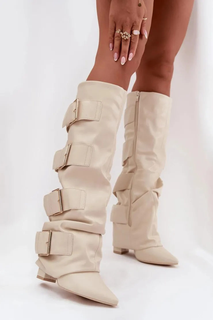 Clearance Boto Kozaki Damskie Na Słupku Z Wywiniętą Cholewką I Złotymi Klamrami Jasnobeżowe Isavelle Beżowy
