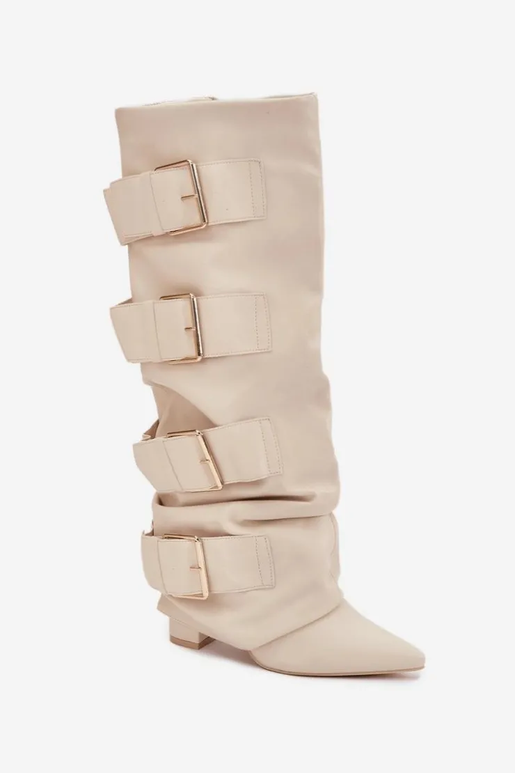 Clearance Boto Kozaki Damskie Na Słupku Z Wywiniętą Cholewką I Złotymi Klamrami Jasnobeżowe Isavelle Beżowy