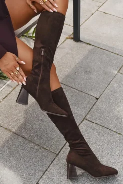 Boto Kozaki Damskie Na Słupku Z Przeszyciami Czekoladowe Celandine