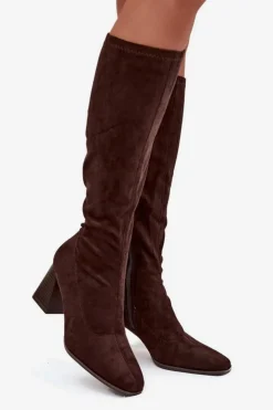 Boto Kozaki Damskie Na Słupku Z Przeszyciami Czekoladowe Celandine