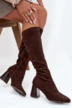 Boto Kozaki Damskie Na Słupku Z Przeszyciami Czekoladowe Celandine