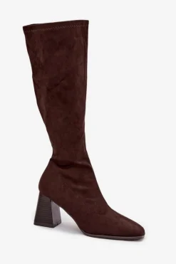 Boto Kozaki Damskie Na Słupku Z Przeszyciami Czekoladowe Celandine