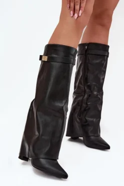 Discount Boto Kozaki Damskie Na Słupku Z Wywiniętą Cholewką I Złotym Detalem Czarne Diorna