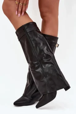 Discount Boto Kozaki Damskie Na Słupku Z Wywiniętą Cholewką I Złotym Detalem Czarne Diorna